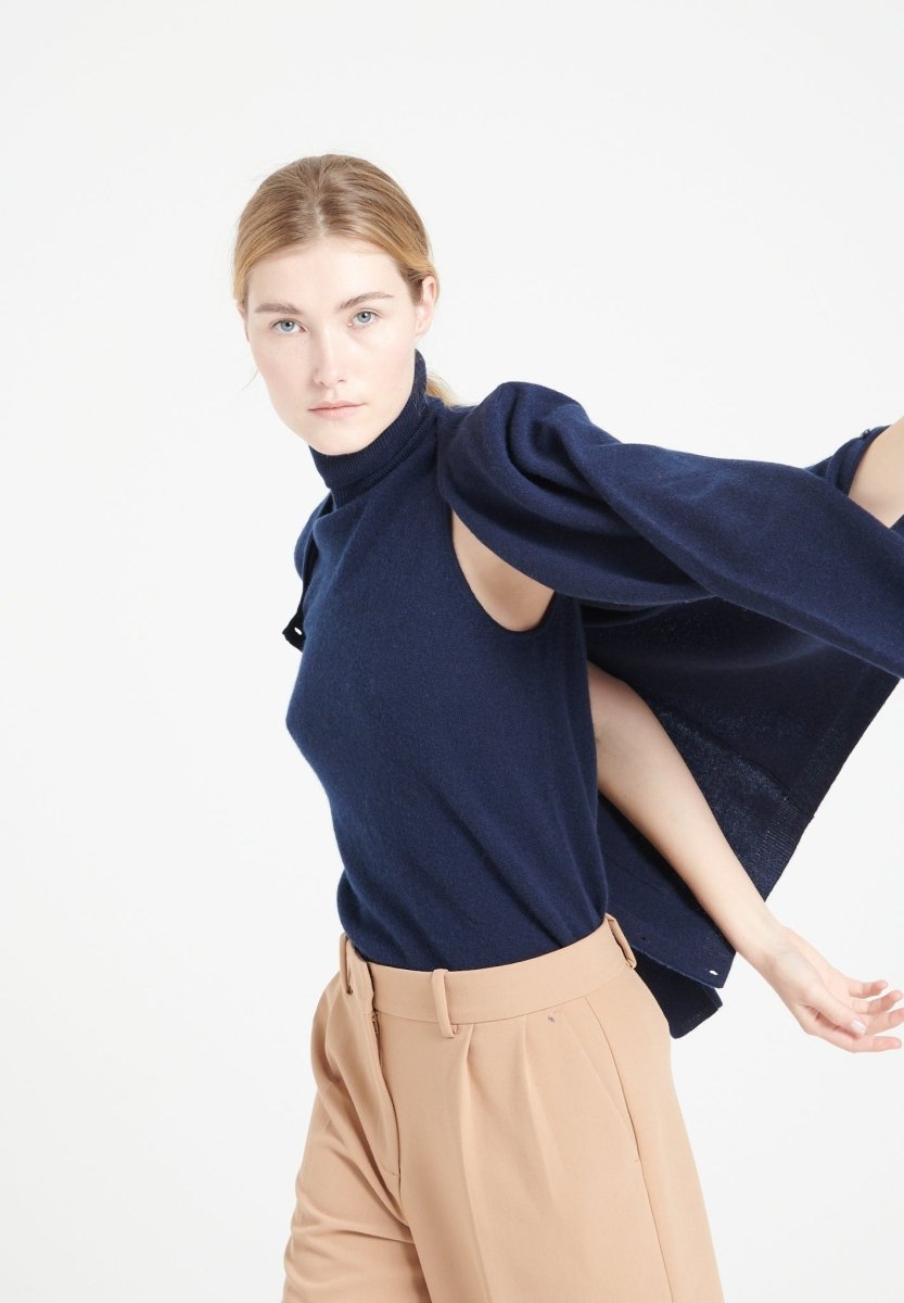 Pull col roulé sans manches cachemire bleu marine femme - LILLY 13-2