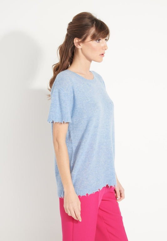 T-shirt col rond cachemire bleu ciel femme - AVA 6-1
