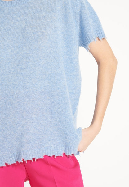 T-shirt col rond cachemire bleu ciel femme - AVA 6-3