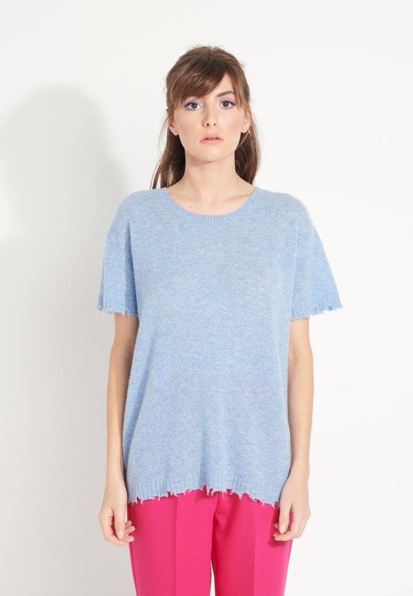 T-shirt col rond cachemire bleu ciel femme - AVA 6-0