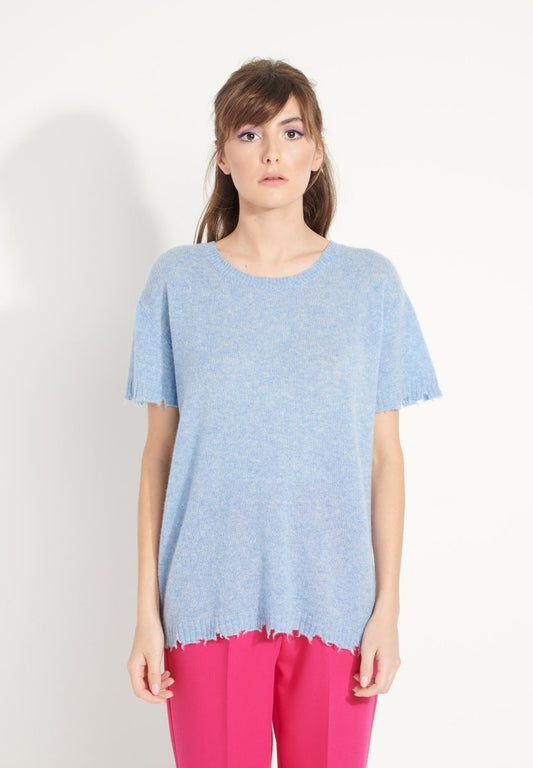 T-shirt col rond cachemire bleu ciel femme - AVA 6-0