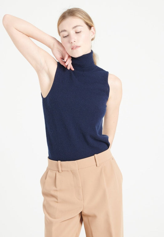 Pull col roulé sans manches cachemire bleu marine femme - LILLY 13-0