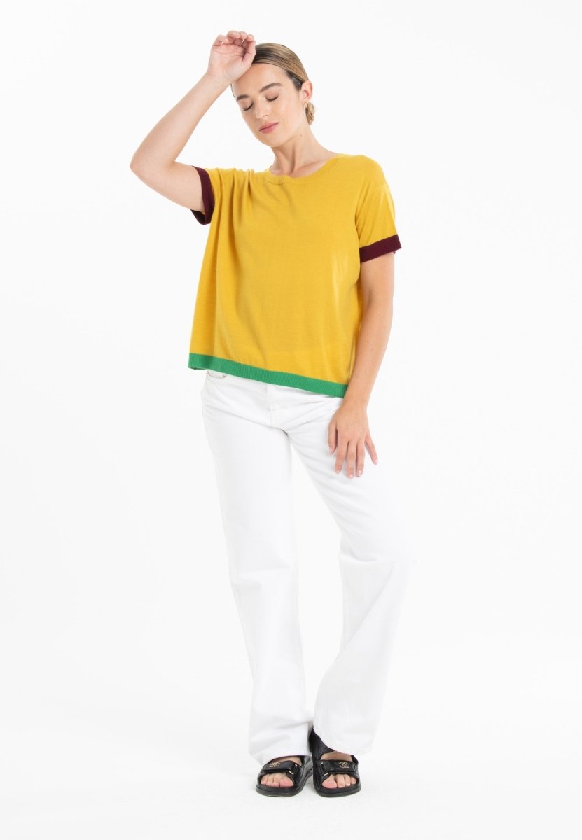 T-shirt col rond tricolore ultrafin cachemire et laine jaune/rouge bordeaux/vert femme - KELLY 8-2