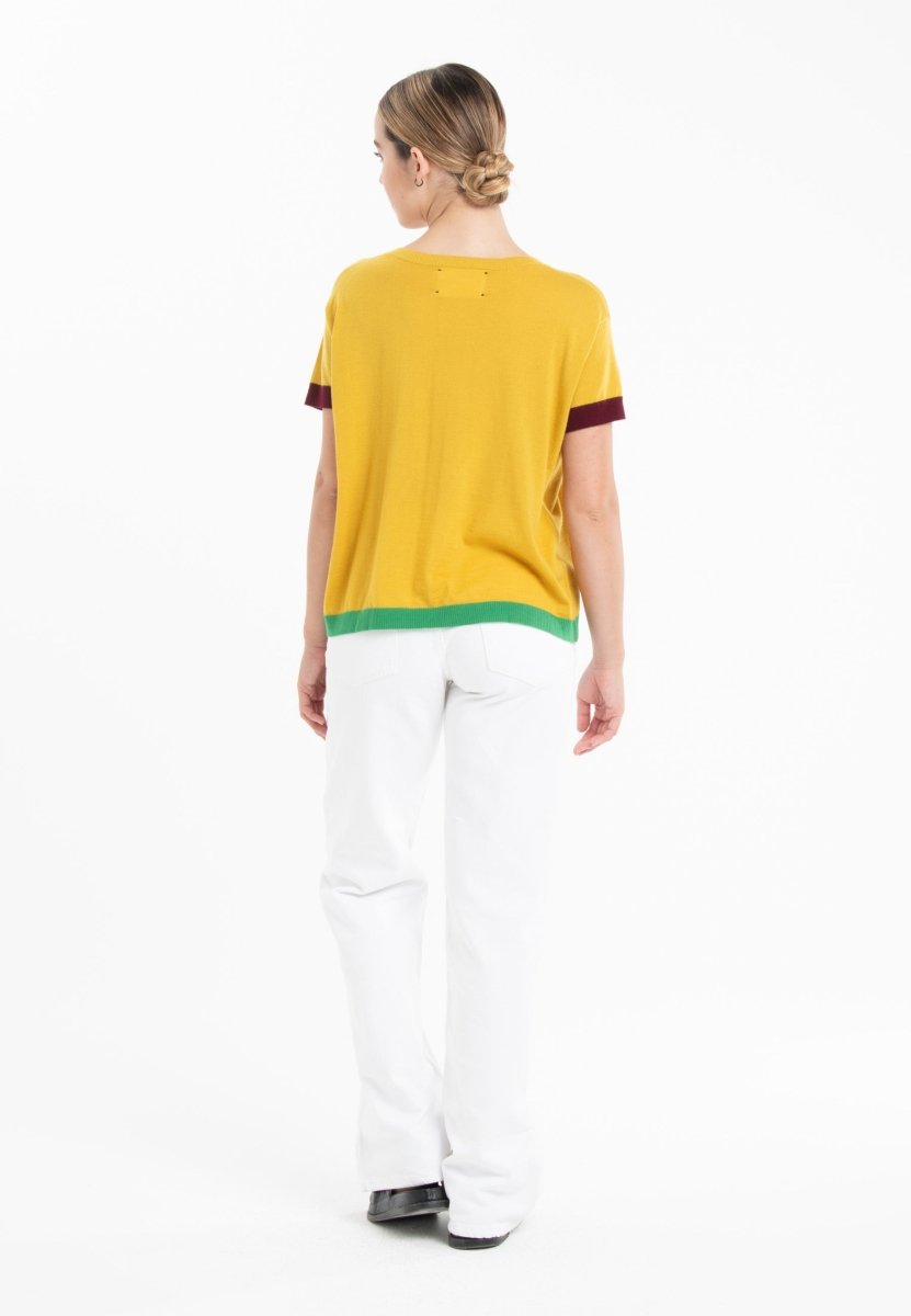 T-shirt col rond tricolore ultrafin cachemire et laine jaune/rouge bordeaux/vert femme - KELLY 8-3