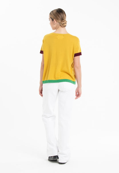 T-shirt col rond tricolore ultrafin cachemire et laine jaune/rouge bordeaux/vert femme - KELLY 8-3