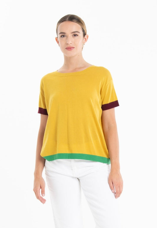 T-shirt col rond tricolore ultrafin cachemire et laine jaune/rouge bordeaux/vert femme - KELLY 8-0