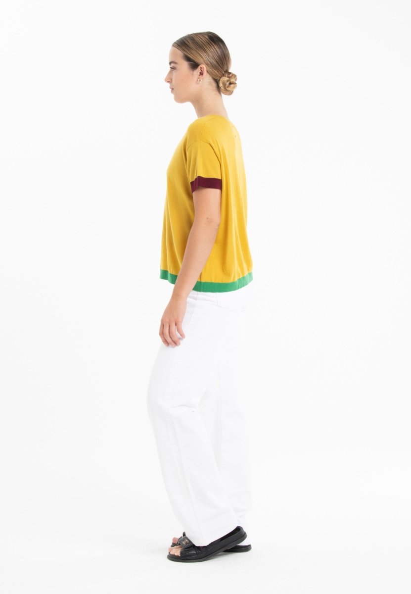 T-shirt col rond tricolore ultrafin cachemire et laine jaune/rouge bordeaux/vert femme - KELLY 8-1