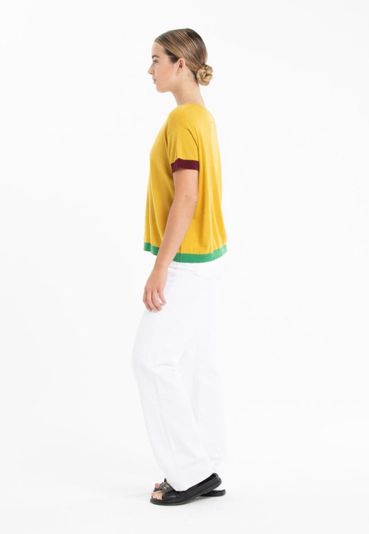 T-shirt col rond tricolore ultrafin cachemire et laine jaune/rouge bordeaux/vert femme - KELLY 8-1